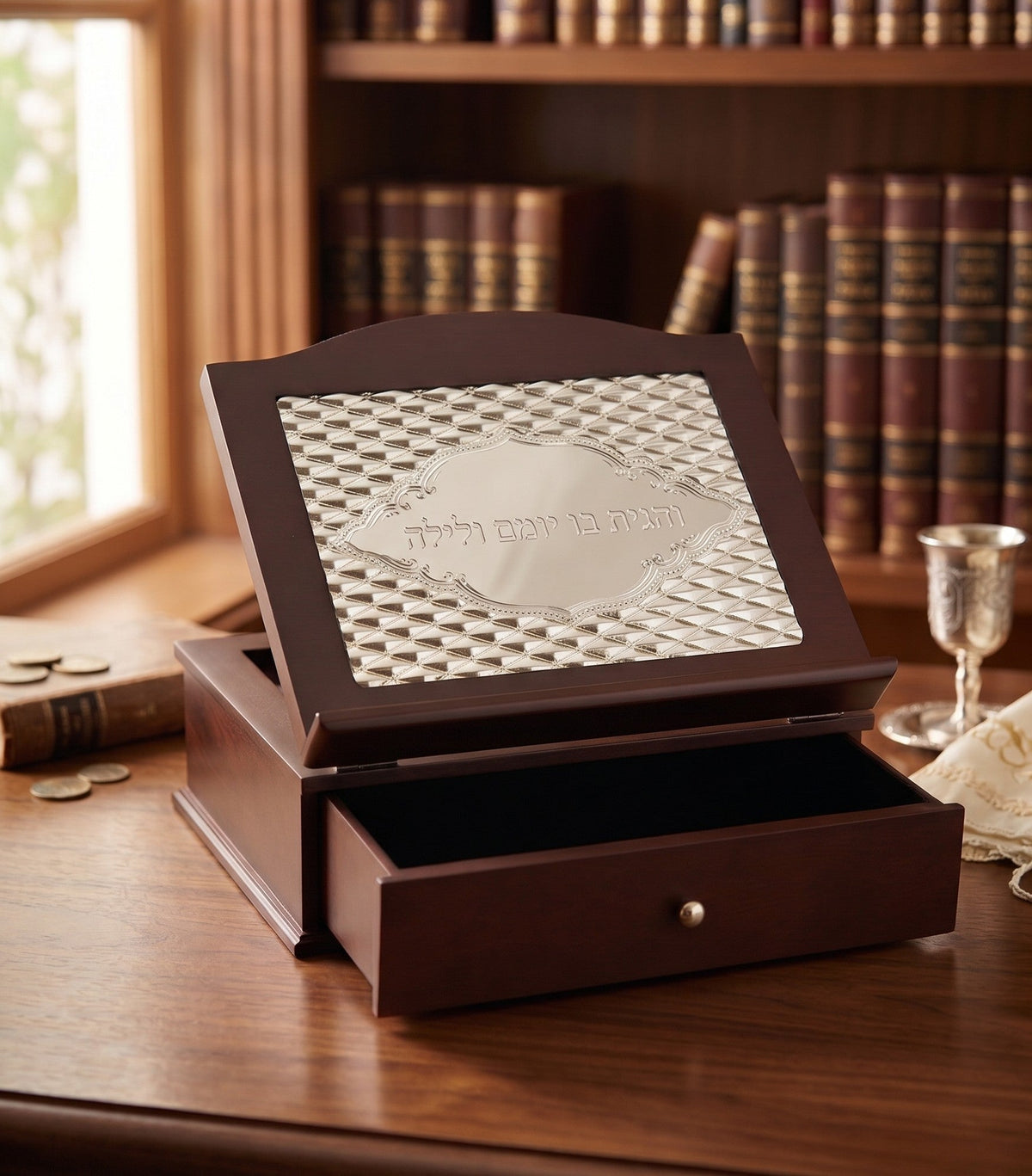 Wood Tabletop Shtender With Drawer -Silverplate Pillows Design