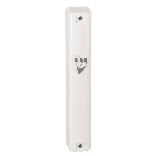 White Plastic Mezuzah Case Silver Shin 12cm