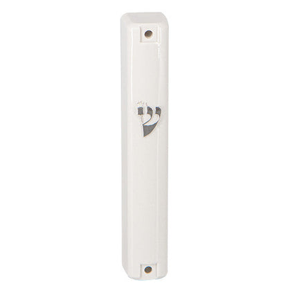White Plastic Mezuzah Case Silver Shin 12cm